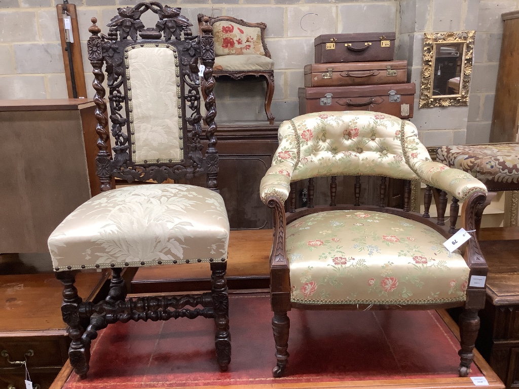 An Edwardian walnut tub chair and a vineous carved dining chair
